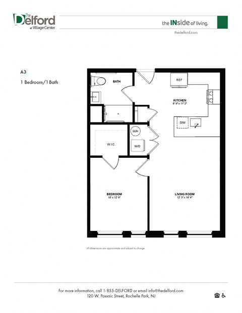 Floor plan for 1 bed, 1 bath, 680 sqft